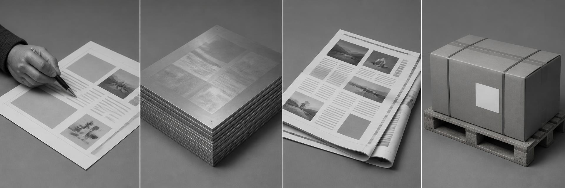 Vier Produktionsszenen: Prüfung eines Datenblatts, Druckplatten, gefalzte Druckbögen, versandtes Paket